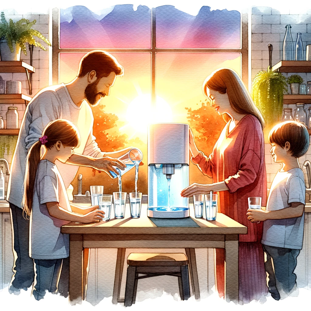 Un dipinto ad acquerello di una famiglia raccolta intorno a un purificatore d'acqua futuristico in cucina.